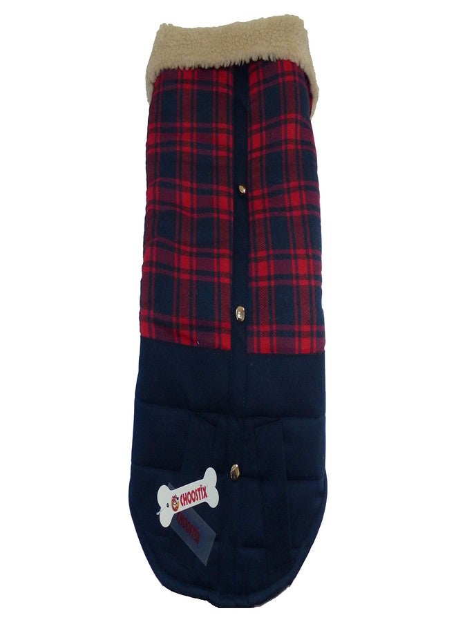 Choostix Brit Checkmate, Dog and Cat Jacket, Winter Wear, Fur Collar, Plaid Fabric with Golden Button, Navy Blue Color, Red White & Grey Designer Checks, Medium, 140 gram - Image 1
